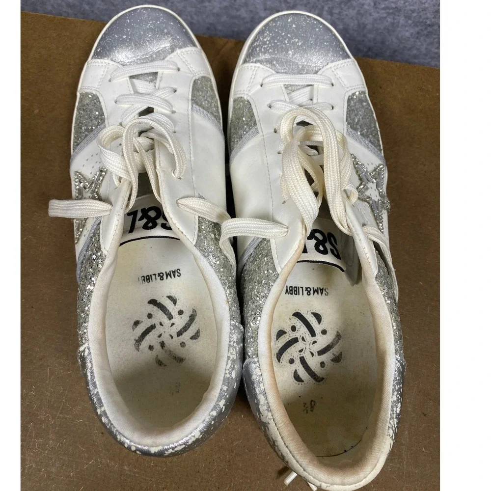 Sam & Libby Womens Glitter Star Sneakers White Silver Metallic Low Top 8.5